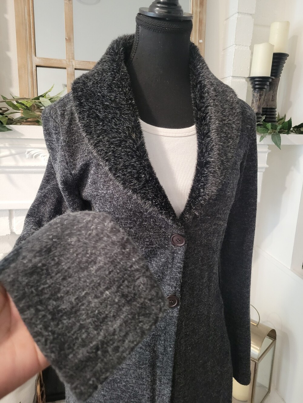 Vintage 90s Whimsigoth Long Charcoal Gray Button-Front Faux Fur Collar Cardigan - Picture 4 of 9